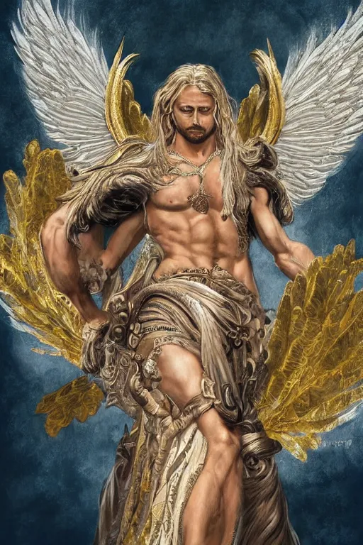 Prompt: a Chihuahua as god with a radiant halo and wings, detailed face, gorgeous, flowing hair, very muscular male body, partial anatomy, stormy and grand war scene, delicate and intricate borders for decoration, caesar victorious, proud Emperor, split lighting, character close-up, intricate, highly detailed, 8K, digital painting, fantasy, concept art, sharp focus, art by greg rutkowski beeple and alphonse mucha