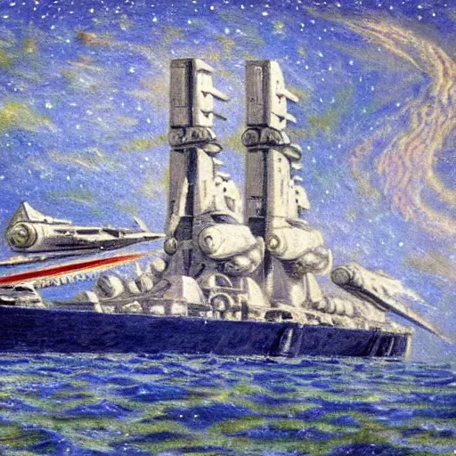 Prompt: star wars spaceship battlecruiser in space preparing for battle by georges lemmen, neo - impressionism, futuristic