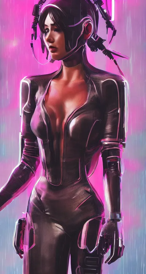 Image similar to An epic comic hyperrealistic full body shot portrait illustration of a cyber warrrior girl wearing futuristic wardrobe, black and reddis, ultradetailed face expression trending on artstation and artbreeder, cyberpunk 2077 color, heavy rainning at tokyo night, neon light rooftop, unreal 5, DAZ, 8k, unreal 5 engine render, cosplay, RPG portrait, final fantasy Vll world concept, dramatic lighting, rim lights, PS5 render quality