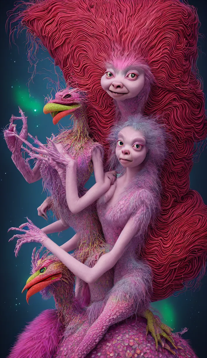 Prompt: hyper detailed 3d render like a Oil painting - kawaii portrait of two Aurora (a beautiful skeksis muppet fae princess protective playful silly from dark crystal that looks like Anya Taylor-Joy) seen red carpet photoshoot in UVIVF posing in scaly dress to Eat of the Strangling network of yellowcake aerochrome and milky Fruit and His delicate Hands hold of gossamer polyp blossoms bring iridescent fungal flowers whose spores black the foolish stars by Jacek Yerka, Ilya Kuvshinov, Mariusz Lewandowski, Houdini algorithmic generative render, Abstract brush strokes, Masterpiece, Edward Hopper and James Gilleard, Zdzislaw Beksinski, Mark Ryden, Wolfgang Lettl, hints of Yayoi Kasuma and Dr. Seuss, octane render, 8k