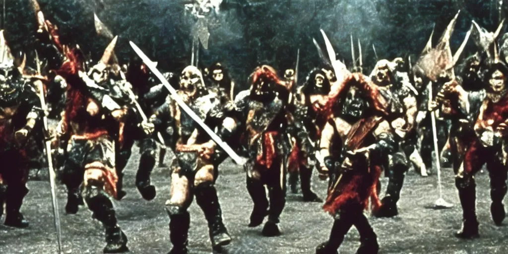 Prompt: A full color still from a Stanley Kubrick film featuring actors dressed as angry Orcs, waving swords, 35mm, 1970