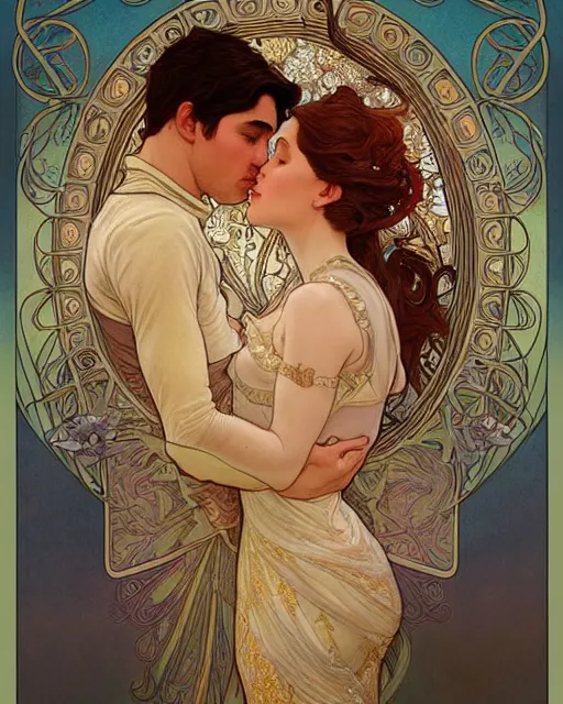 Image similar to the kiss | highly detailed | very intricate | art nouveau | gold filigree | romantic storybook fantasy | soft cinematic lighting | award - winning | disney watercolor illustration by mandy jurgens and alphonse mucha and alena aenami | pastel color palette | featured on artstation