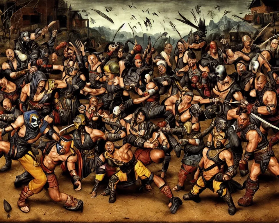 Prompt: mortal kombat characters art by hieronymus bosh, triumph of death by pieter brueghel