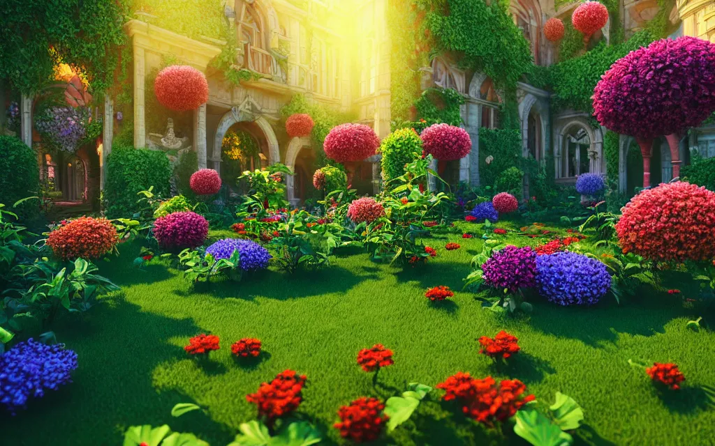 Image similar to a sprawling garden with many flowers and vines, sunny day, beautiful lighting, vivid colors!, highly detailed, cinematic, octane render, 4 k, trending on artstation, deviantart featured