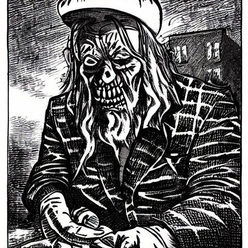 Image similar to a scary horror themed goofy-hilarious-character r-Crumb, dime-store-comic drawn with charcoal and pen and ink, half-tone-line-stacking