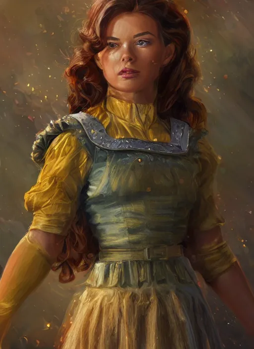 Image similar to beautiful female dorothy gale, rebecca romijn as dorothy, full body character concept, full steel armor, super powers, fantasy, intricate, elegant, highly detailed, digital painting, artstation, concept art, shining, sharp focus, illustration, art by stanley lau