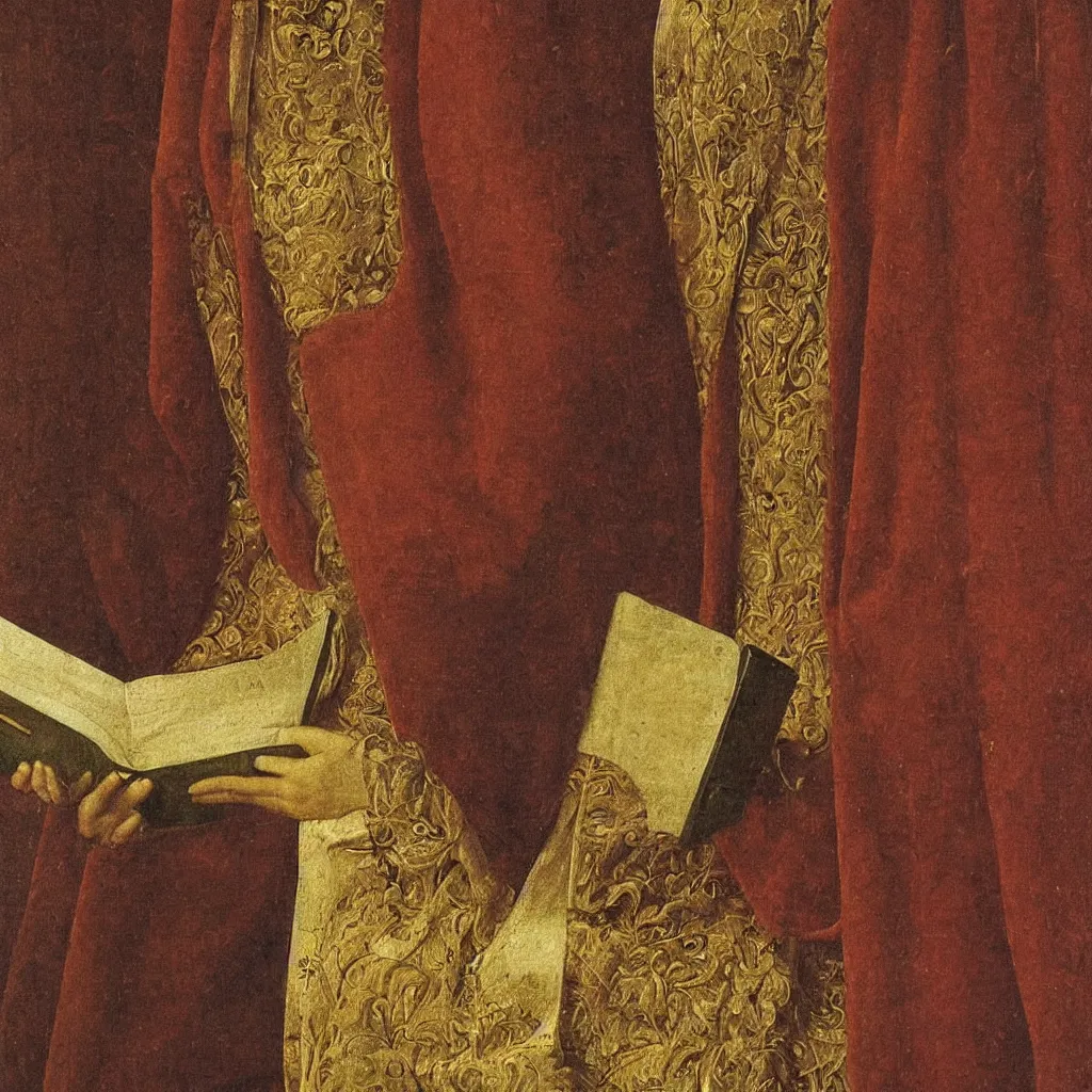 Image similar to close up of a book. painting by jan van eyck, frank sedlacek.