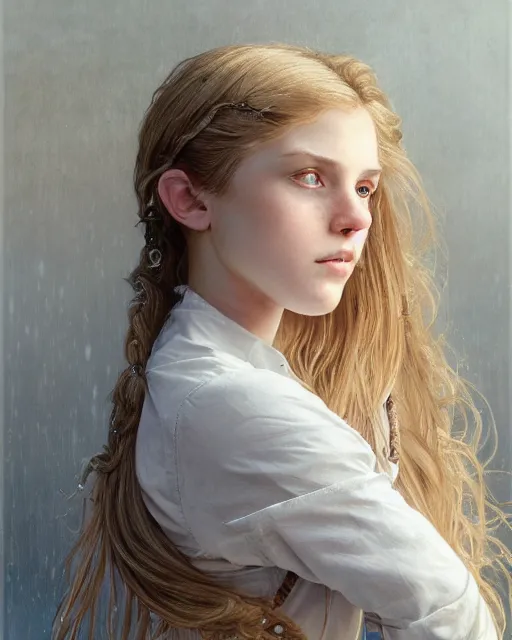Prompt: portrait of 1 6 - year - old woman with dirty blonde hair down to her waist, pale eyebrows and protuberant silver eyes, wearing white shirt, hyper realistic face, beautiful eyes, fantasy art, in the style of greg rutkowski, intricate, alphonse mucha, hyper detailed, smooth