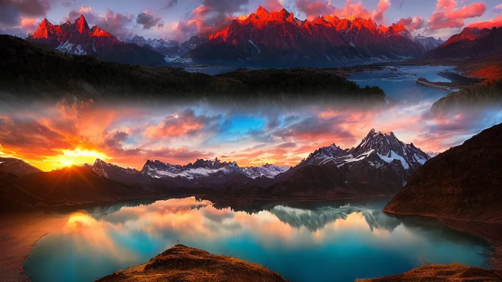 Image similar to amazing landscape photo of mountains with lake in sunset by marc adamus, beautiful dramatic lighting