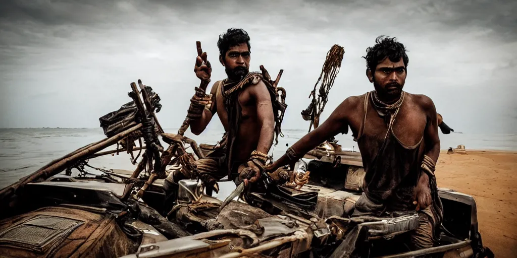 Image similar to sri lankan mad max style on boats, ocean, film still, epic shot cinematography, rule of thirds