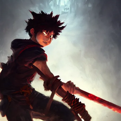 Image similar to Deku wielding blackwhip, oil painting, Tooth Wu, Greg Rutkowski, RPG portrait, dynamic lighting, anime art