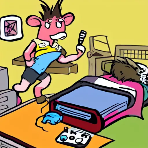 Prompt: a cartoon honey badger wearing shorts and playing video games in a messy room, very detailed