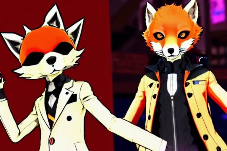 Prompt: in the persona 5 : royal ( by atlus ) video game casino level, a furry male sand - colored tan fox fursona ( has orange hair ), persona 5 phantom thief style