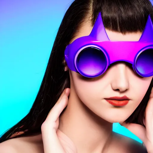 Prompt: white human head model wearing futuristic cyclop glasses, purple gradient background, Sony a7 IV, studio lighting