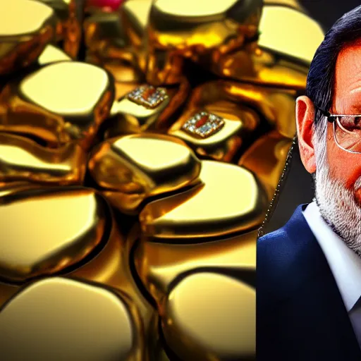 Image similar to a still of mariano rajoy surrounded by gold and diamonds, award - winning, photograph, 3 d render, unreal engine, 4 k detailed