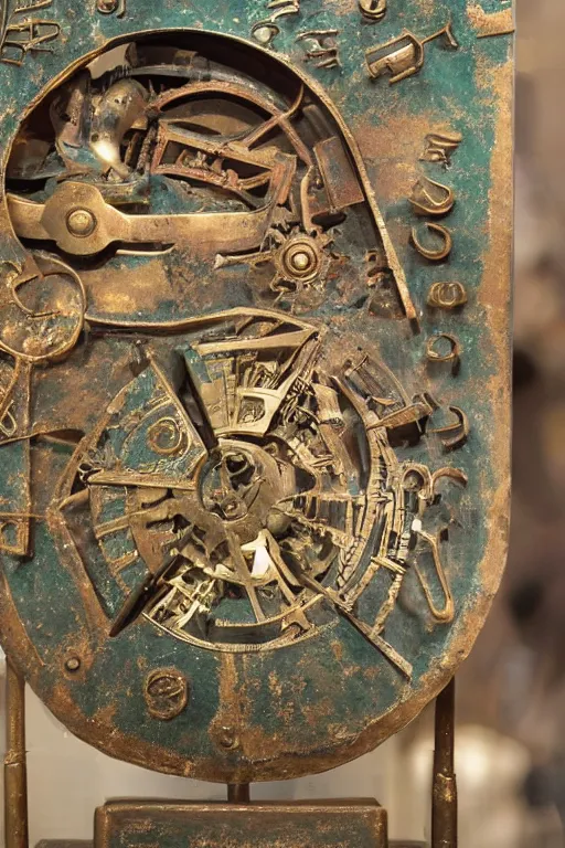 Prompt: a martian artifact of a mechanical astrological machine in a museum with a description placard, bronze, old, alien, verdigris, mechanical, museum display