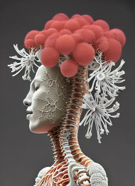 Prompt: intricate hyper detailed ultra sharp porcelain afro biomechanical cyborg, analog, beautiful natural soft light, large leaves and floral stems, roots, fine foliage lace, daisies, colorful puffballs, huge fractal mushrooms, rhizomorphs, brackets, fractal sponge corals, iris van harpen haute couture, pearl earring, intricate details, octane render, volumetric lighting, 8 k