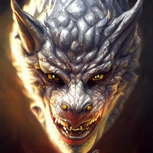 Image similar to oil painting of dragon, dnd character, fantasy, realistic textured skin, portrait, wolf head, glowing eyes, sharp focus, artgem, boris valejo, frank frazetta, heavy metal style, trending on artstation, digital painting, julie bell, beautiful, very detailed,