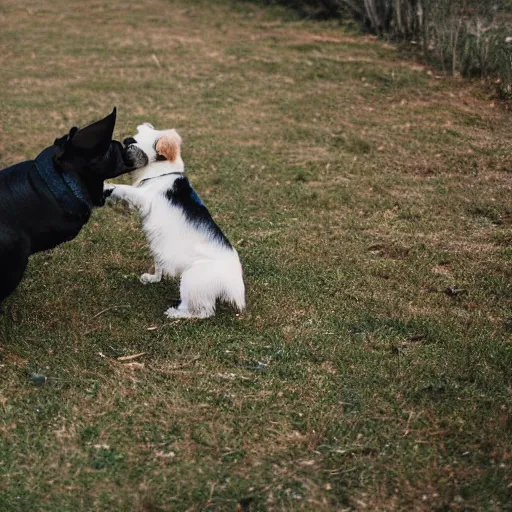 Prompt: Ultra high quality photograph of two dogs dapping up