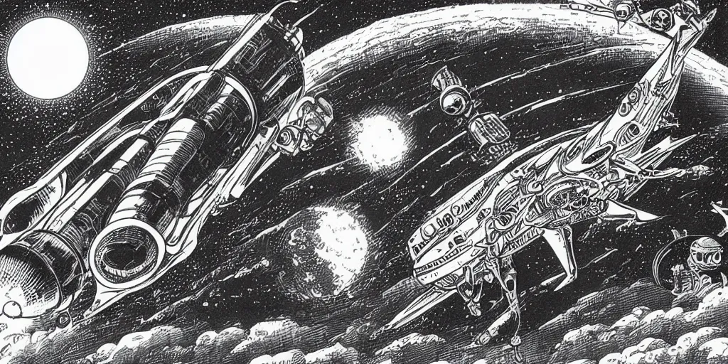 Image similar to spaceship in space flying to the mars by joe fenton and virgil finlay