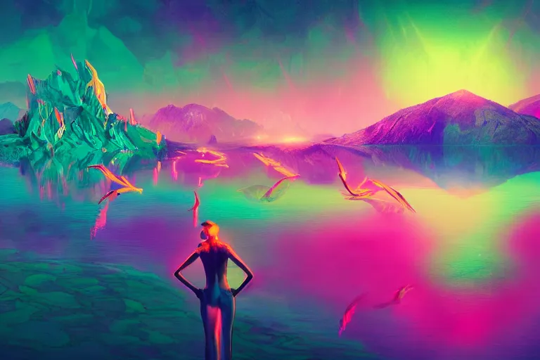 Image similar to wide ((wide)) photo of surreal beautiful beautiful woman (((dynamic neon lighting)) in chromatic dmt trippy lake with glowing birds, mountains, elegant, highly detailed, sharp focus, illustration, beautiful, geometric, trending on artstation, cinematic, artwork by Tran, Ross and Aivazovsky, Ivan