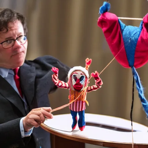 Image similar to puppet show with a puppeteer using a string marionette of a president with clown makeup in a podium