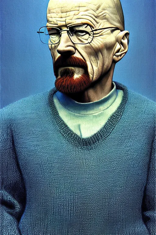 Prompt: portrait of a walter white as sapphire herald in an elegant winter sweater, by zdzislaw beksinski, by dariusz zawadzki, artbook, tone mapped, deep blues, shiny, soft lighting