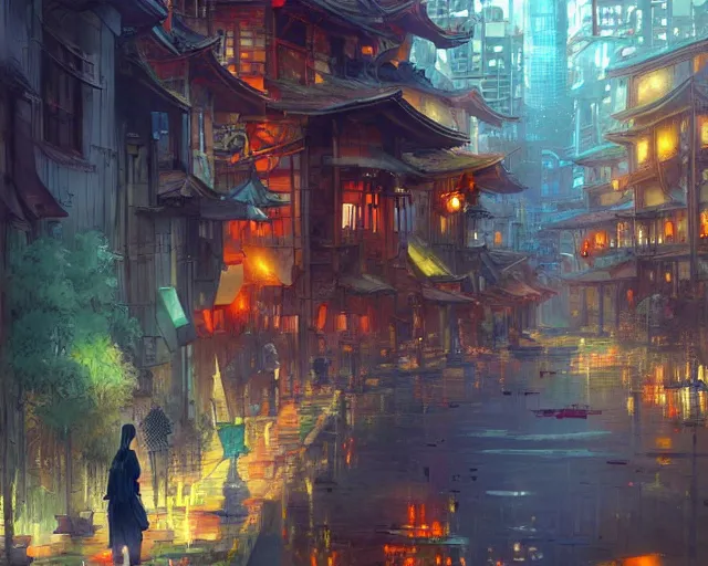 Prompt: great, colorful kitsune city, bamboo, fountain, anime, a fantasy digital painting by Greg Rutkowski and James Gurney, trending on Artstation, highly detailed