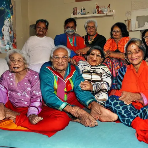 Image similar to indian grandmothers and grandfathers having a pyjama party floating in space wearing spacesuits and helmets