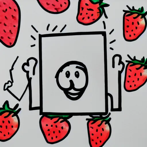 Prompt: The photo is a drawing of a person with a strawberry computer in their belly. The style is cartoonish and playful.