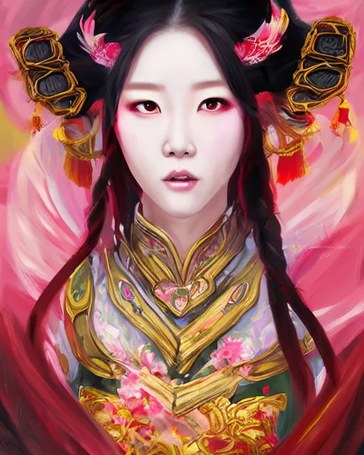 Prompt: portrait of taeyeon as diao chan from romance of three kingdoms in the paintetly style of WLOP, artgerm, brush stroke oil painting, imagine fx, artstation