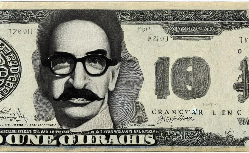 Image similar to rectangular photograph of three dollar u. s. currency note featuring groucho marx