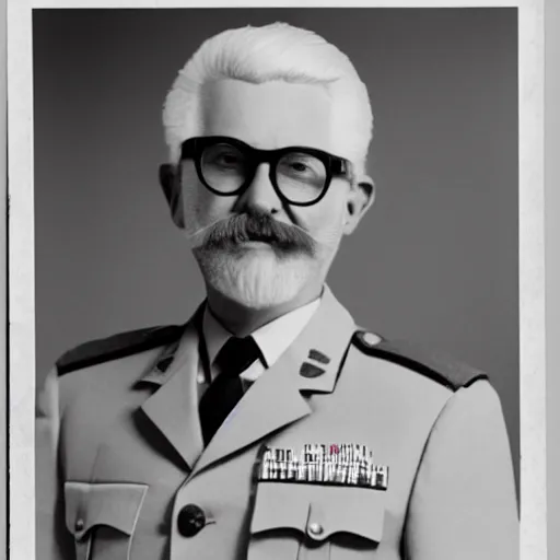 Prompt: black and white photograph of colonel sanders in a US army uniform