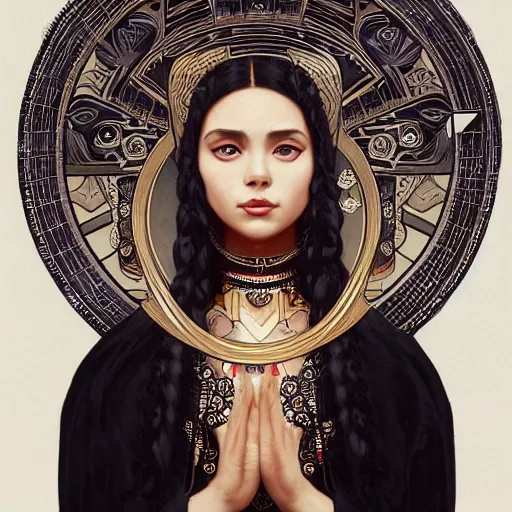 Image similar to portrait of a proud aztec moon goddess, with white skin, black dress, intricate, elegant, highly detailed, digital painting, artstation, concept art, smooth, sharp focus, illustration, art by artgerm and greg rutkowski and alphonse mucha and william - adolphe bouguereau