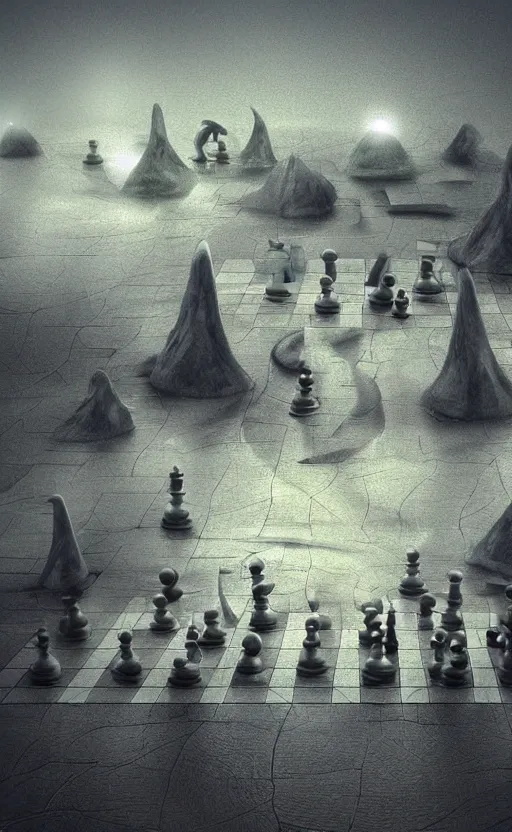 Image similar to surreal dali chess landscape, volumetric lighting, early morning, 3d liminal grainy surreal aesthetic illustration, highly detailed, soft render