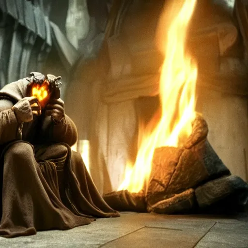 Image similar to balrog from lord of the rings sitting inside an office while it is burning