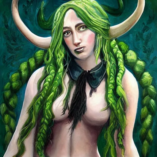 Prompt: a beautiful painting of Ashley Johnson as a satyr with green hair and ribbons, curly horns and goats eyes.