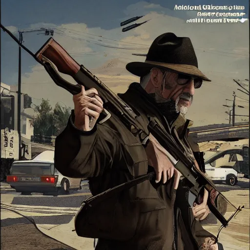 Image similar to Mike Ehrmantraut holding a rifle in GTA V, cover art by stephen bliss, highly detailed, 4k