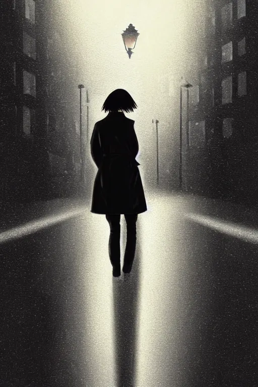 Prompt: highly detailed close-up of a beautiful girl with a very stylish trenchcoat on an empty street at night by Ilya Kuvshinov, black medium length Dutch bob cut hair with straight bangs, heavy rain and mist, streetlights, rich cinematic atmosphere, poster, digital art