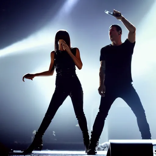 Image similar to trent reznor performing on stage with taylor swift. cinematic 8 k