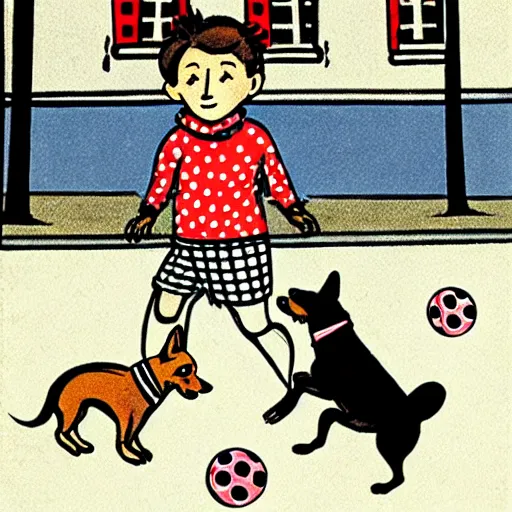 Image similar to book illustration of a french boy on the streets of paris playing football against a corgi, the dog is wearing a polka dot scarf, 1 9 6 6