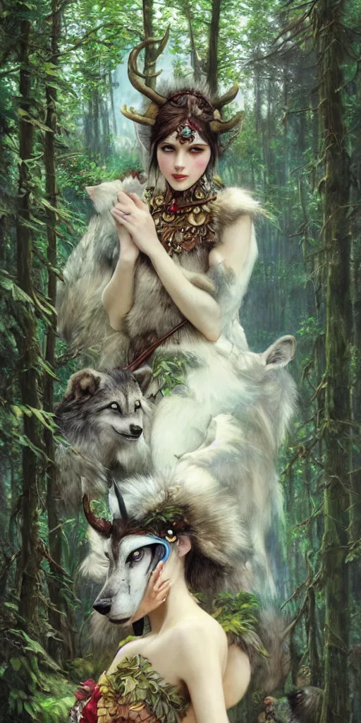 Image similar to hyper realistic Princess Mononoke wearing her mask, lush forest landscape, wolves, magic, castle, jewels, style of tom bagshaw, mucha, james gurney, norman rockwell, gems and gold, waterfalls, denoised, sharp,