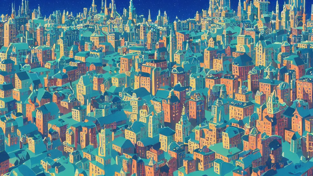 Image similar to city with buildings made entirely of decorated cakes, icing, gouache, ghibli animated film, stylised, illustration, by eyvind earle, scott wills, genndy tartakovski