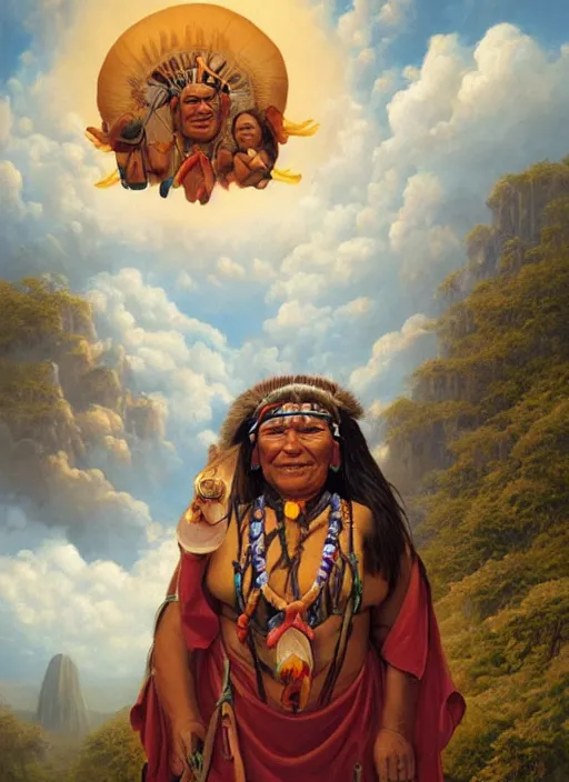 Image similar to faces of indigenous amazonian grandfathers and grandmothers spirits in the clouds, smiling, protection, benevolence, ancestors, detailed faces, art by christophe vacher