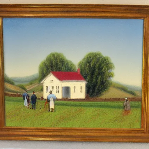 Image similar to Jefferson and Washington walking inside amish houses among hills and fields, pastel style painting