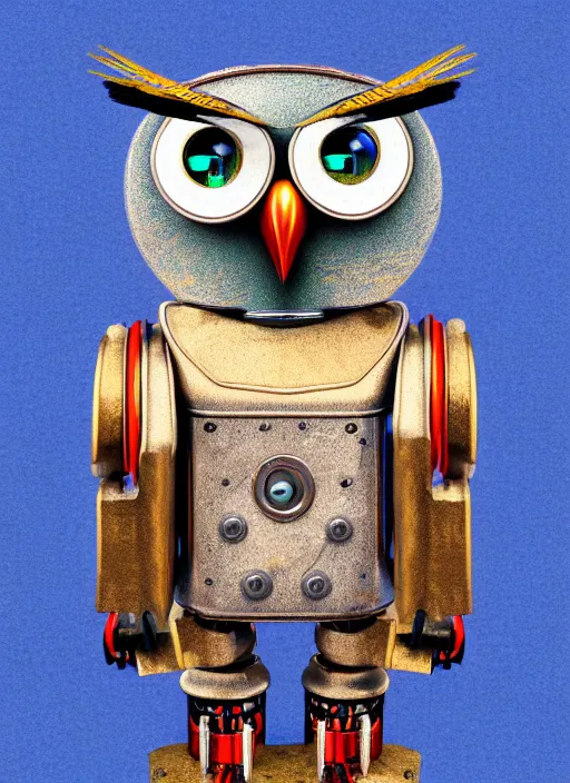 Image similar to colored pencil and pen drawing of an animatronic robot owl, bird made from rusty old keys and padlocks, 4 k photorender realityengine