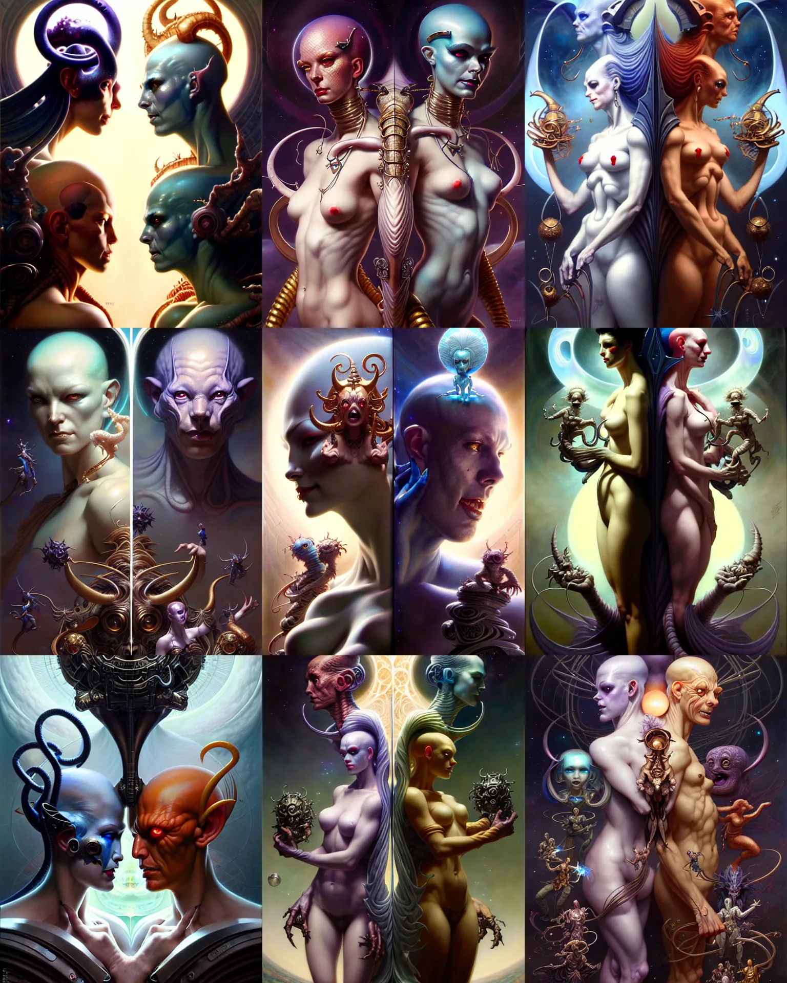 Image similar to beautiful gemini good and evil, happy and sad faces, fantasy character portrait, ultra realistic, wide angle, intricate details, the fifth element artifacts, highly detailed by peter mohrbacher, boris vallejo, hajime sorayama, wayne barlowe, aaron horkey, gaston bussiere, craig mullins
