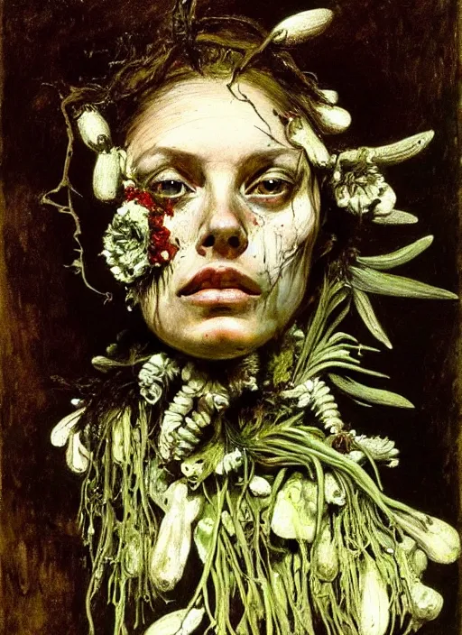 Image similar to beautiful and detailed rotten woman made of plants and many different types of flowers, muscles, intricate, organs, ornate, surreal, john constable, guy denning, gustave courbet, caravaggio, romero ressendi sorolla