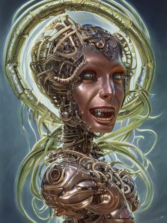 Prompt: perfectly centered portrait, front view of a beautiful biomechanical android alien robot medusa, female, flowing hair, intense stare, sarcastic smile, symmetrical, concept art, intricate detail, volumetric shadows and lighting, realistic oil painting by tim hildebrandt,