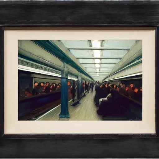 Image similar to new york subway, platform view, sharp focus, intricate, detailed, by edward hopper, greg rutkowski.